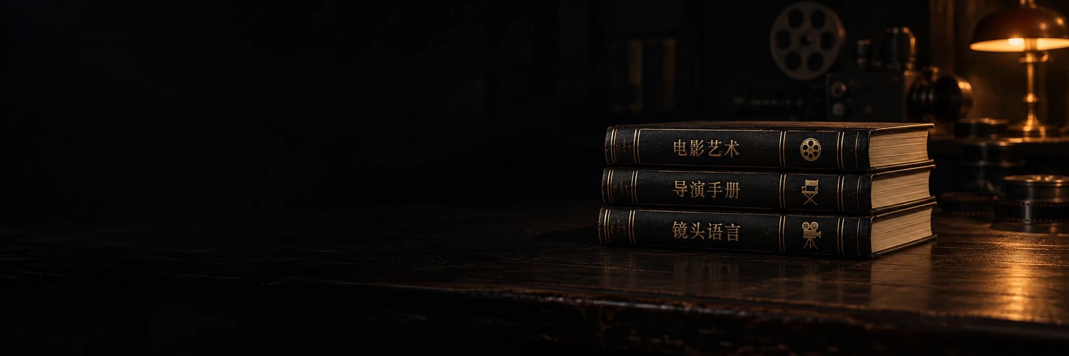 暖色电影工作室中叠放的电影艺术、导演手册和镜头语言黑金精装书
